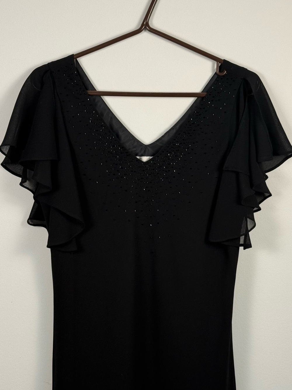 90s Vintage Jessica Black Beaded Gown Size 14 V-Neck Flutter Sleeve Formal Maxi